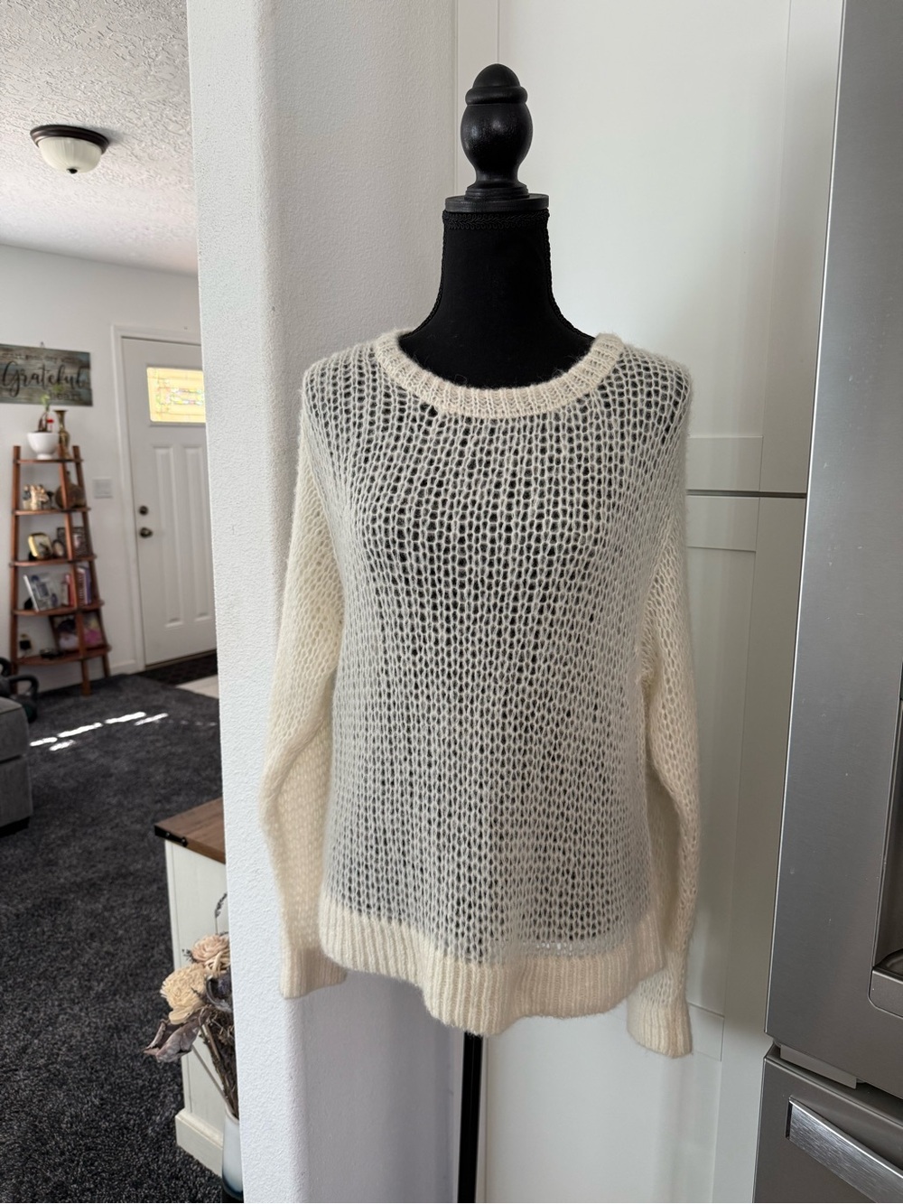 Free People Ivory Open-Knit Crew Sweater